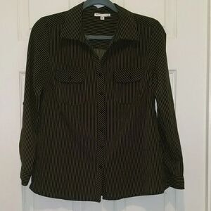 Notations Moss green and black striped shirt Sz PM
